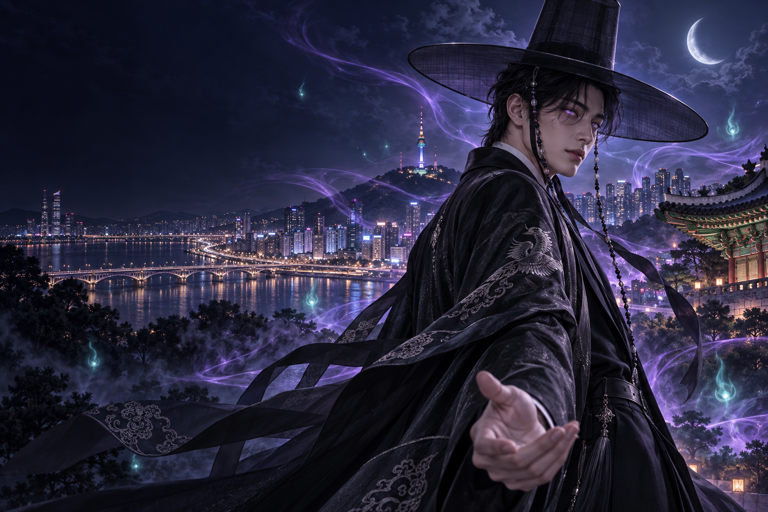 A mysterious Korean spirit guide wearing a traditional black gat above the illuminated Seoul skyline