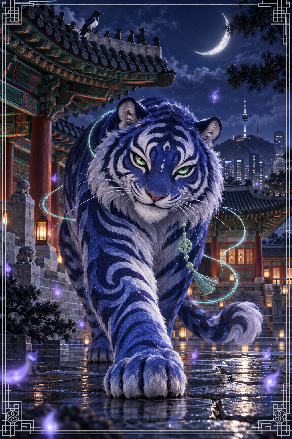 A luminous Korean folk-inspired tiger and magpie in a moonlit Seoul palace courtyard